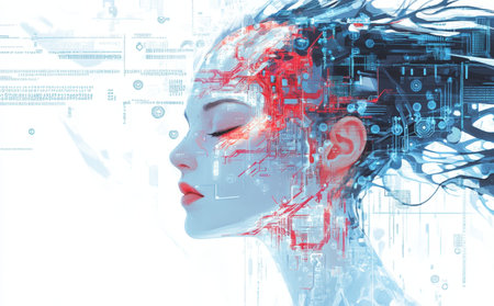 Futuristic digital art depicting an ai brain and humanoid robot in a high tech design environment