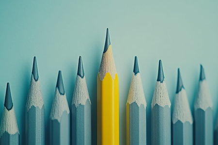 Vibrant yellow pencil stands out among gray pencils on light blue background with ample copy spaceの写真素材