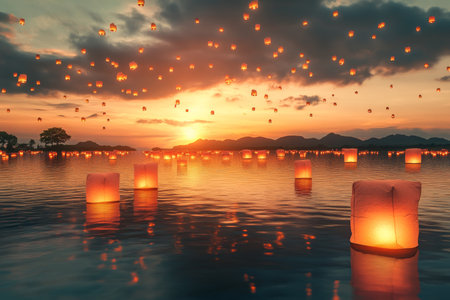 Photorealistic image of sky lanterns glowing over water at sunset, capturing a magical sceneの写真素材