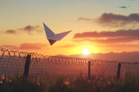 Cartoon style 3d render of a flying paper sheet near a barbed wire fence at sunset