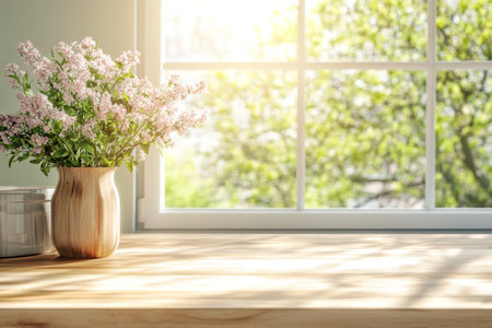 Elegant wooden kitchen countertop with spring view window in light green interior design settingの写真素材