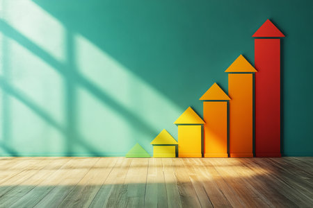 Vibrant energy efficiency chart on green wall against blue background in room with wooden floorの写真素材