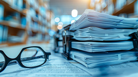 A stack of papers with black clips on a white desk, symbolizing business paper management