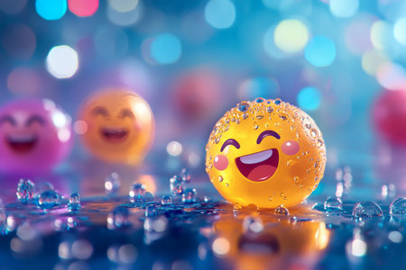 Joyful emoji celebration a lively scene of laughter and happiness with colorful light effectsの写真素材