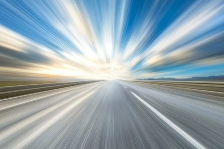 Empty highway with motion blur asphalt road to horizon under a dramatic sky with clouds.の写真素材