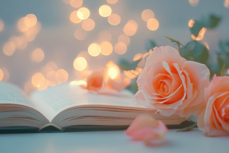 Beautiful open book with rose on white table surrounded by pastel bokeh lights and space for textの写真素材