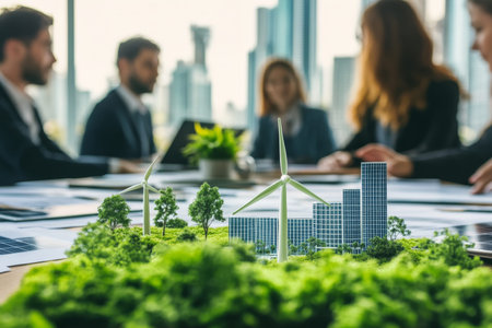 Professionals collaborate on sustainable energy solutions amidst modern office and green innovationsの写真素材