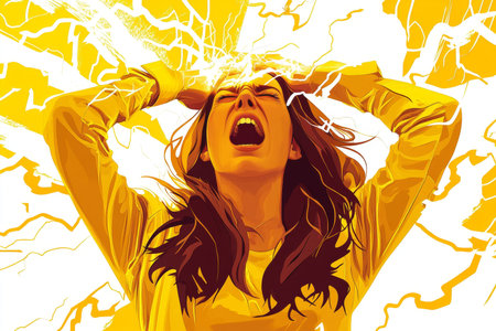 Cartoonish depiction of a woman in pain from toothache surrounded by lightning boltsの写真素材