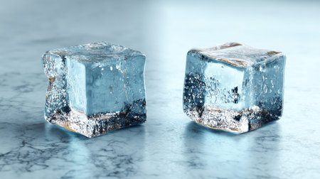 Minimalist 3d rendering of ice cubes on marble table with studio lighting against blue background