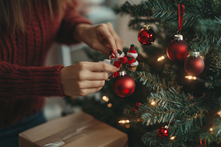 A woman adorns a christmas tree with ornaments at home, cardboard box nearby, ideal for text overlayの写真素材