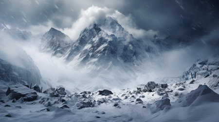 Stunning fantasy art of snow capped mountains in natural light with dynamic composition