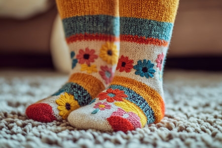 Vibrant children's socks with floral patterns on carpeted floor, capturing joyful indoor moments