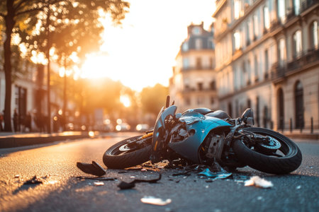 Accident scene a broken motorcycle in sunset glow amidst scattered parts on city streetsの写真素材