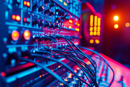 Close up of an illuminated audio console in a recording studio with space for text on the sideの写真素材