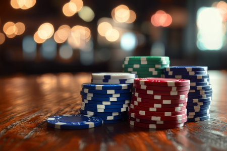 Image of a gavel and casino chips on a wooden table with space for text