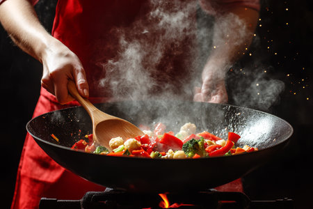 Woman s hands in red apron stir frying fresh vegetables in wok with steam against black backdropの写真素材