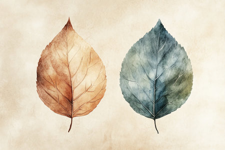 Elegant minimalist watercolor banner design featuring hand drawn leaves in soft earthy tonesの写真素材
