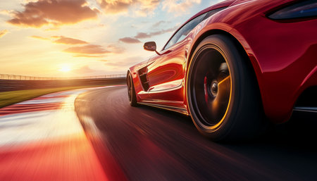 Dynamic close up of a red sports car on track at sunset with motion blur and wheel focusの写真素材