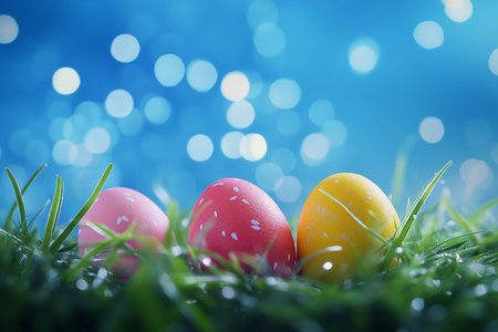 Vibrant easter eggs on lush grass with a soft blue bokeh background in a captivating photograph