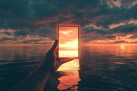 A hand holding a glowing door symbolizes spiritual growth against a serene water and sky background
