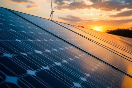 Photorealistic image of solar panels and wind turbines with electric grid at sunset sky