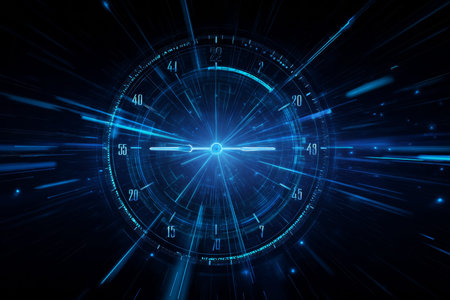 Dynamic abstract blue background featuring clock symbolizing time and speed in technology concept
