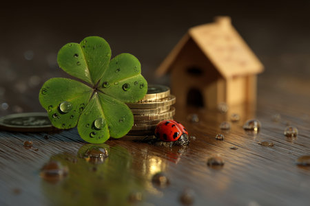 Winning stock photo of shamrock, wooden house, and coins with ladybug on ground in stunning detailの写真素材