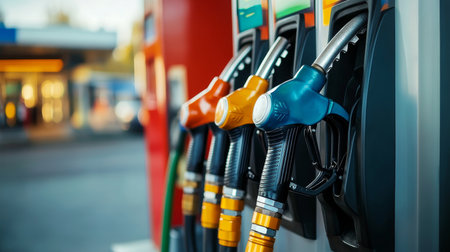 Close up of vibrant gas pump nozzles with blurred background and colorful interface mockupの写真素材