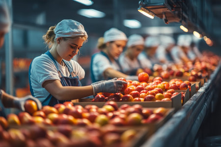 Dedicated female workers packing apples in a fruit packaging factory under lightingの写真素材