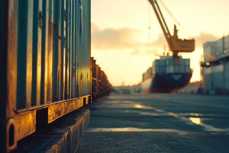 Close up of a cargo container on the road with ship and crane in blurry sunset backgroundの写真素材