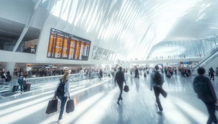 A bustling airport scene with travelers and modern architecture in natural light and motion blurの写真素材