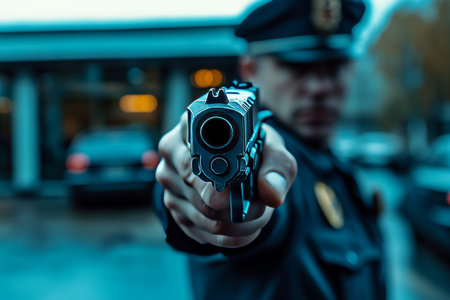 A uniformed police officer aims a pistol at the camera with a blurred police station backgroundの写真素材