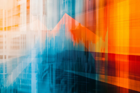 Close up view of financial graph with business background in orange and blue double exposure styleの写真素材