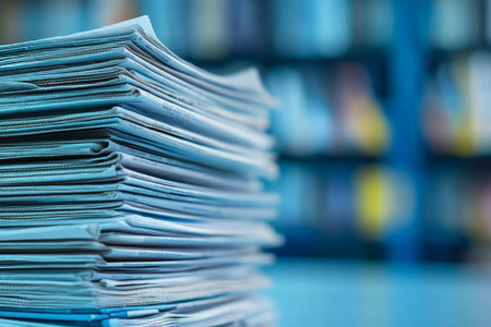 Close up of stacked newspapers on blue background with blurred office setting and copy space