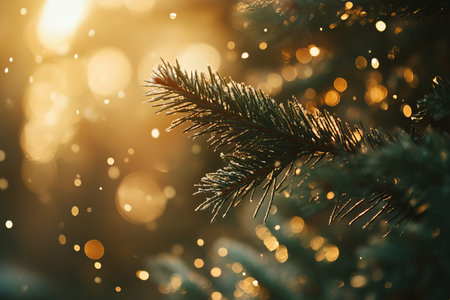 Frosted pine tree branches against a blurred winter forest background for a christmas card design