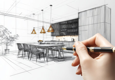Closeup of hand drawing modern dining room interior design on white wall for home and office decorの写真素材
