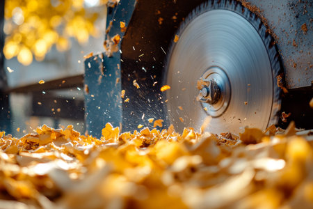 Close up of a circular saw blade surrounded by wood chips in a bright carpentry workshop setting