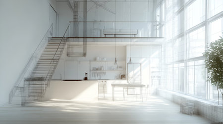 Modern loft interior design a stylish blend of industrial aesthetics and open space conceptの写真素材