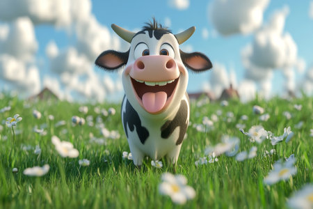 Cheerful 3d cartoon cow on grass with tongue out in a farm settingの写真素材