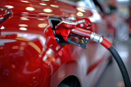 Close up of a red car refueling with biofuel at a filling station, symbolizing travel and adventure