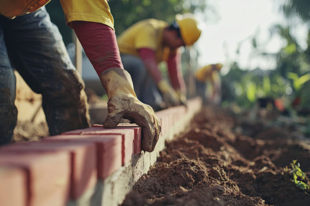 Dedicated bricklayers collaborated skillfully to construct a residential outdoor wall with precision