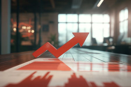 3d red arrow pointing upward on a table with financial charts and blurry office backgroundの写真素材