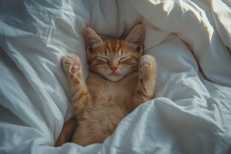 Adorable ginger kitten napping peacefully on a white bed with paws up in cozy home settingの写真素材
