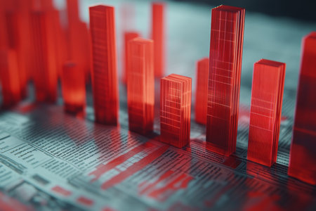 Close up 3d render of a red bar graph featured on a financial newspaper for economic analysisの写真素材