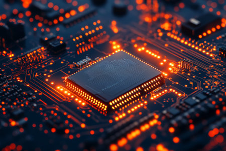 Futuristic digital technology background featuring circuit board and light effects in French style