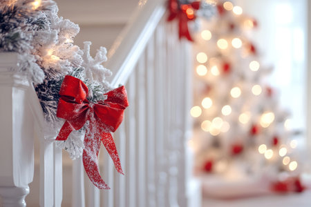 Festive christmas garland adorned with red bows and a white tree in a beautiful staircase settingの写真素材