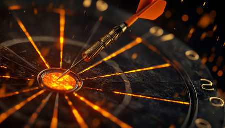 Cinematic high tech dartboard with molten lava cracks and metallic dart in intense atmosphere