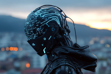 Cyberpunk boy in high tech armor with numeric head overlooks distant neon cities at twilight
