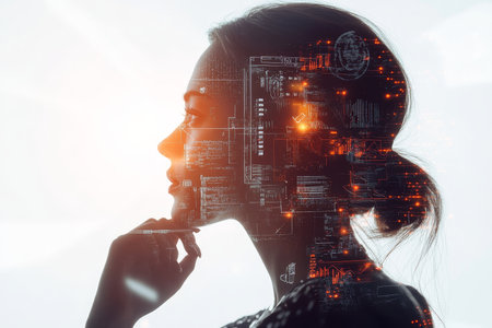 Futuristic double exposure of a woman thinking, filled with circuit boards and data visualizationsの写真素材