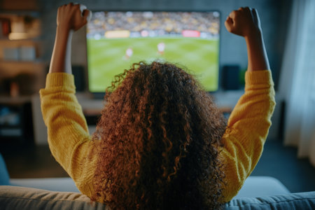 Young black woman with curly hair cheers alone on couch while watching exciting sports game at home